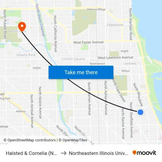 Halsted & Cornelia (North) to Northeastern Illinois University map
