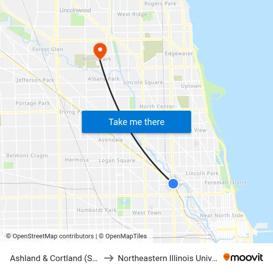 Ashland & Cortland (South) to Northeastern Illinois University map
