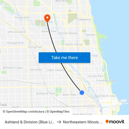 Ashland & Division (Blue Line) (South) to Northeastern Illinois University map