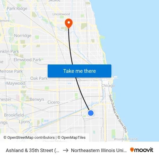 Ashland & 35th Street (South) to Northeastern Illinois University map