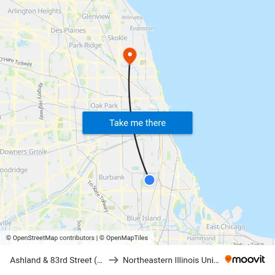 Ashland & 83rd Street (South) to Northeastern Illinois University map