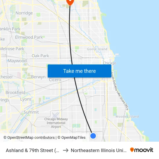 Ashland & 79th Street (North) to Northeastern Illinois University map