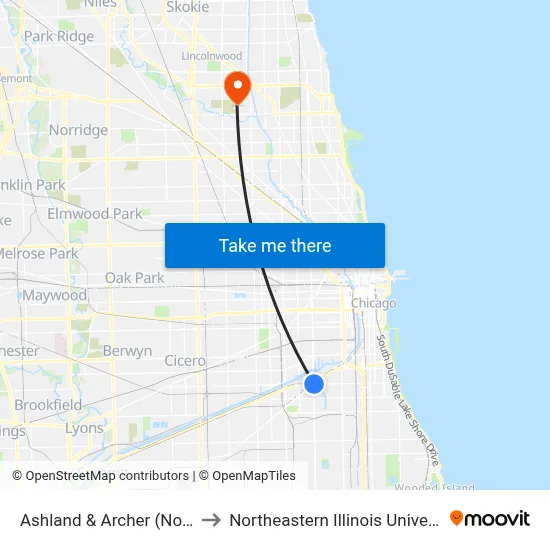 Ashland & Archer (North) to Northeastern Illinois University map