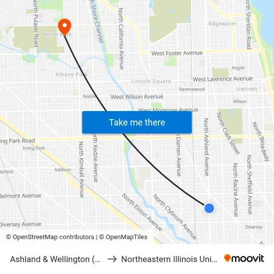 Ashland & Wellington (North) to Northeastern Illinois University map