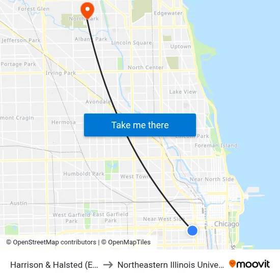 Harrison & Halsted (East) to Northeastern Illinois University map