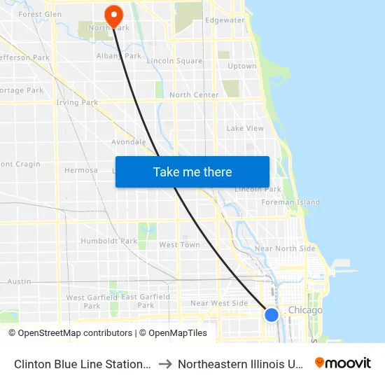 Clinton Blue Line Station (South) to Northeastern Illinois University map