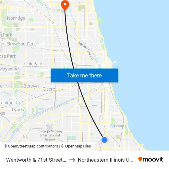 Wentworth & 71st Street (North) to Northeastern Illinois University map