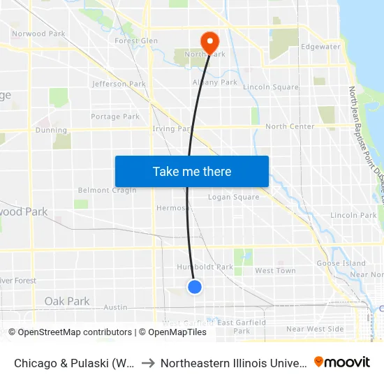 Chicago & Pulaski (West) to Northeastern Illinois University map