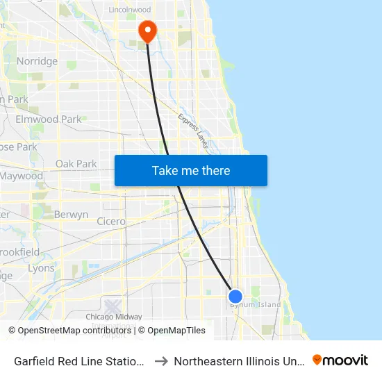 Garfield Red Line Station (East) to Northeastern Illinois University map