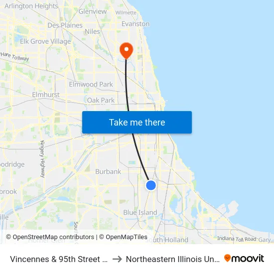 Vincennes & 95th Street (South) to Northeastern Illinois University map