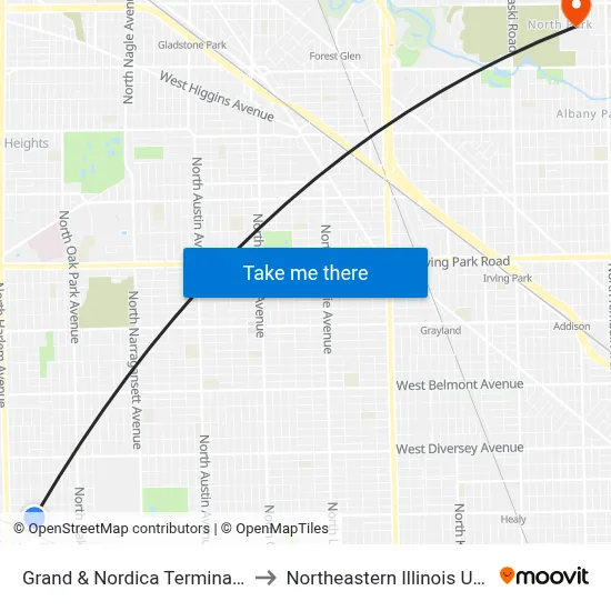 Grand & Nordica Terminal (South) to Northeastern Illinois University map