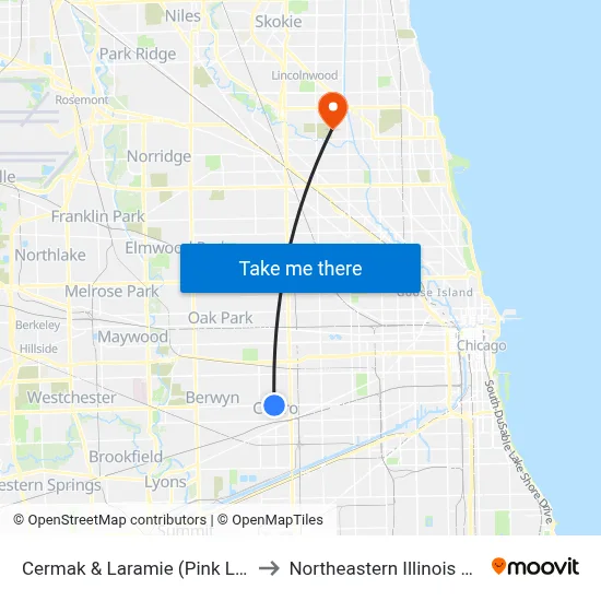 Cermak & Laramie (Pink Line) (East) to Northeastern Illinois University map