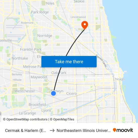 Cermak & Harlem (East) to Northeastern Illinois University map