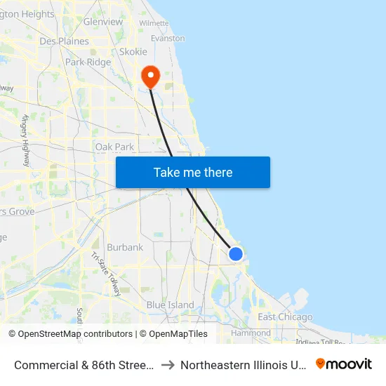Commercial & 86th Street (North) to Northeastern Illinois University map