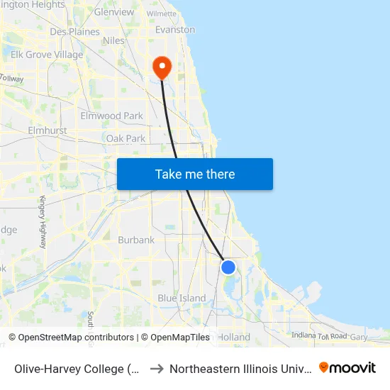 Olive-Harvey College (West) to Northeastern Illinois University map