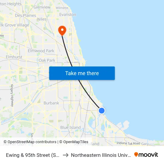 Ewing & 95th Street (South) to Northeastern Illinois University map