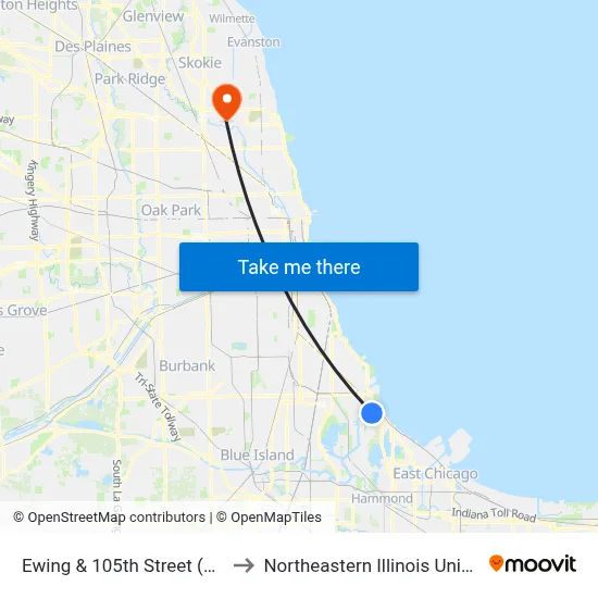 Ewing & 105th Street (South) to Northeastern Illinois University map