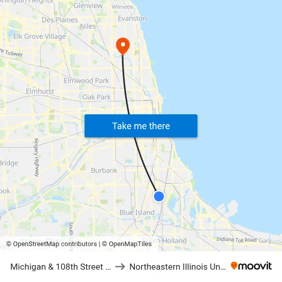 Michigan & 108th Street (North) to Northeastern Illinois University map