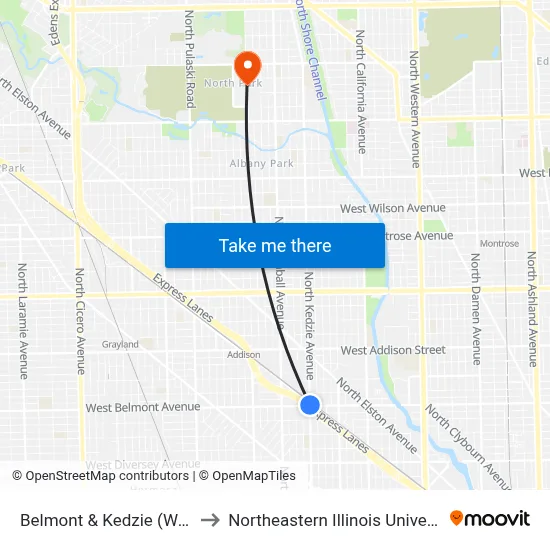 Belmont & Kedzie (West) to Northeastern Illinois University map