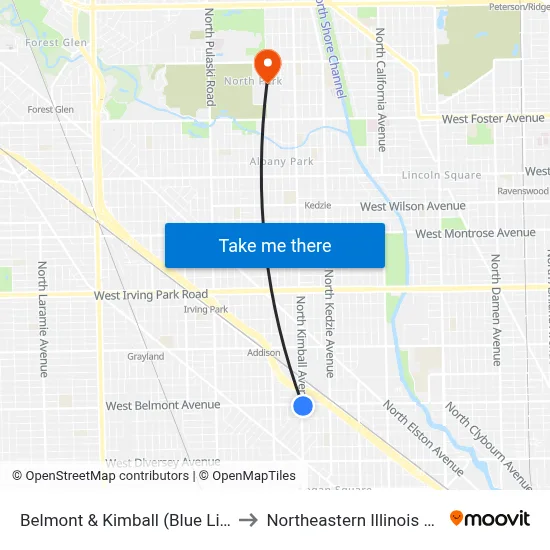 Belmont & Kimball (Blue Line) (West) to Northeastern Illinois University map