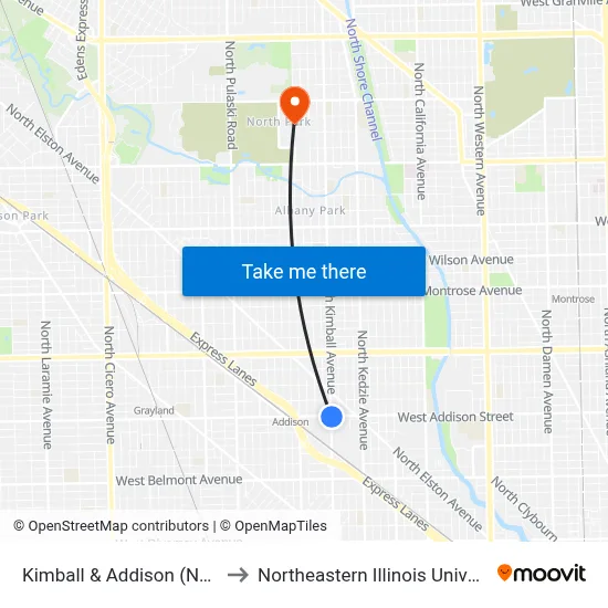 Kimball & Addison (North) to Northeastern Illinois University map
