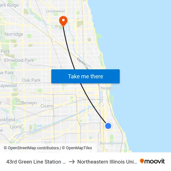 43rd Green Line Station (West) to Northeastern Illinois University map