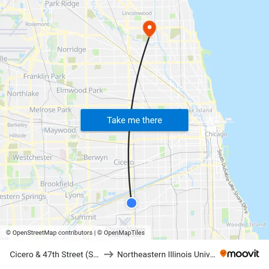 Cicero & 47th Street (South) to Northeastern Illinois University map