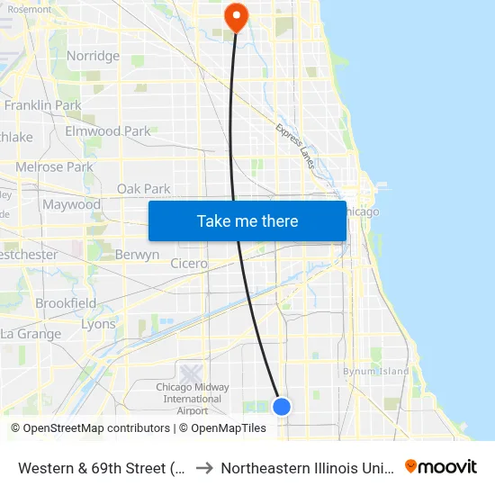 Western & 69th Street (North) to Northeastern Illinois University map