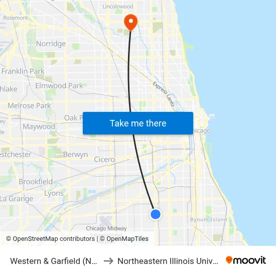 Western & Garfield (North) to Northeastern Illinois University map