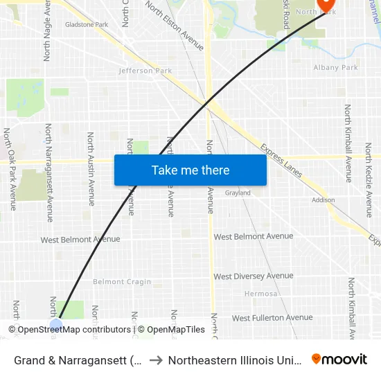 Grand & Narragansett (West) to Northeastern Illinois University map