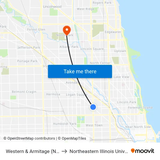 Western & Armitage (North) to Northeastern Illinois University map