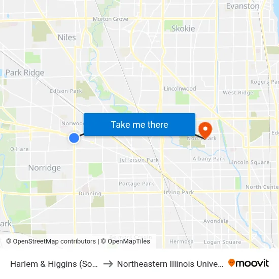 Harlem & Higgins (South) to Northeastern Illinois University map