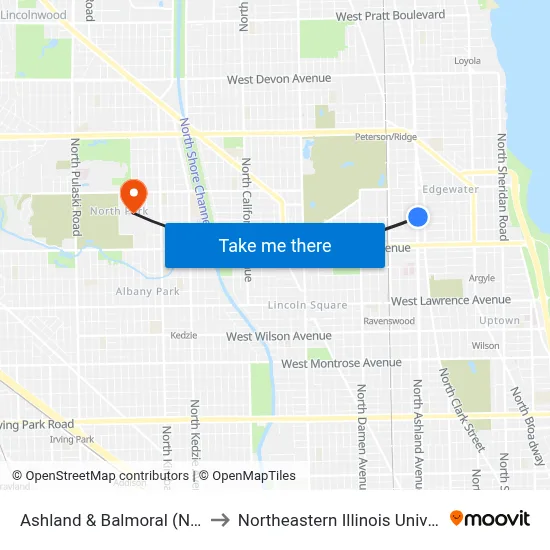 Ashland & Balmoral (North) to Northeastern Illinois University map