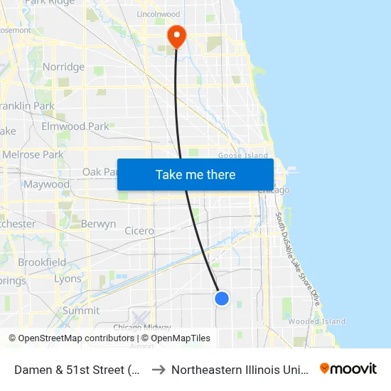 Damen & 51st Street (North) to Northeastern Illinois University map