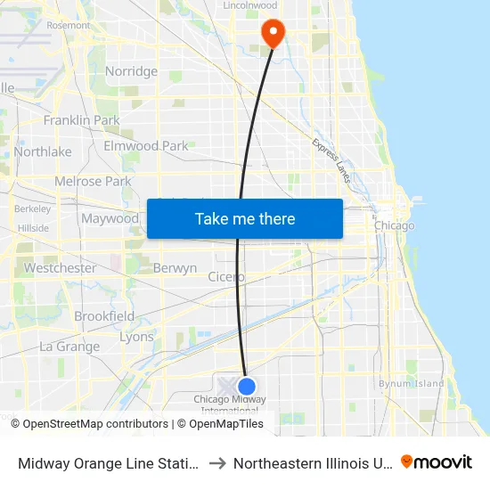 Midway Orange Line Station (West) to Northeastern Illinois University map