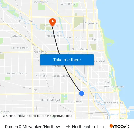 Damen & Milwaukee/North Ave (Blue Line) (North) to Northeastern Illinois University map