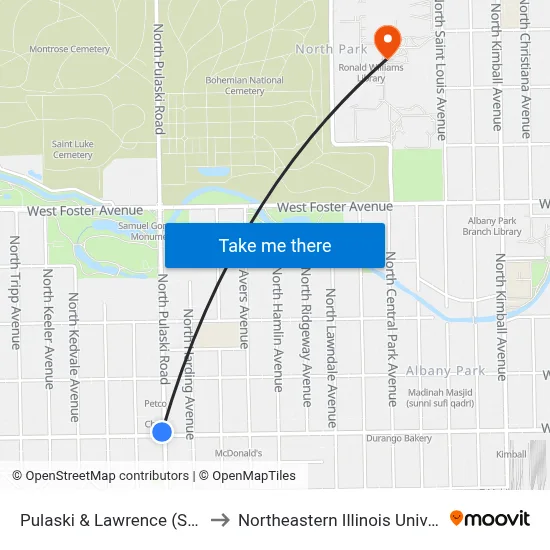 Pulaski & Lawrence (South) to Northeastern Illinois University map