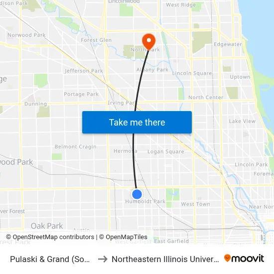 Pulaski & Grand (South) to Northeastern Illinois University map