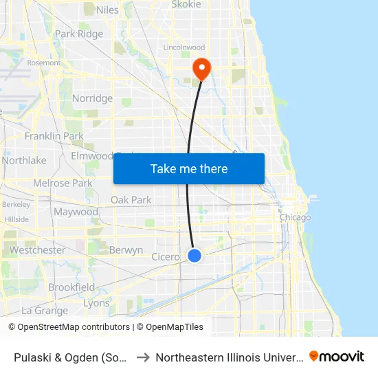 Pulaski & Ogden (South) to Northeastern Illinois University map