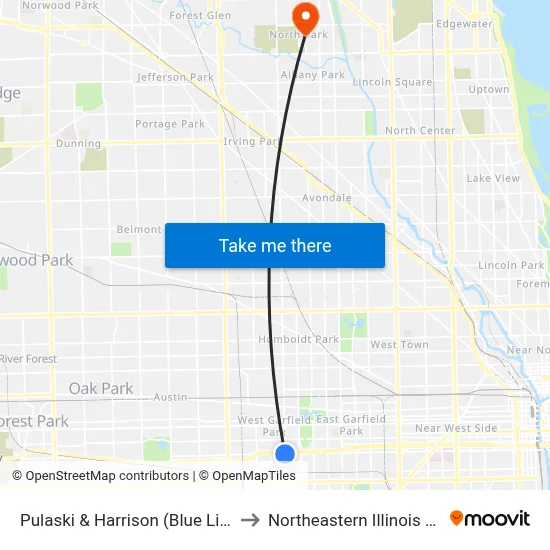 Pulaski & Harrison (Blue Line) (North) to Northeastern Illinois University map