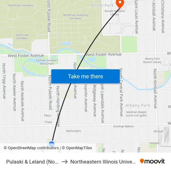 Pulaski & Leland (North) to Northeastern Illinois University map