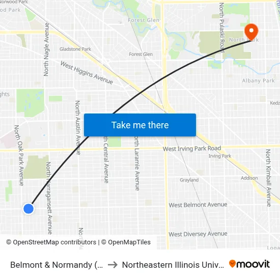 Belmont & Normandy (East) to Northeastern Illinois University map