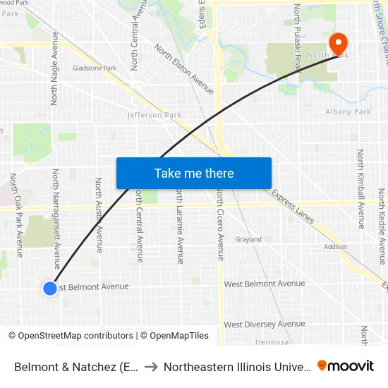 Belmont & Natchez (East) to Northeastern Illinois University map
