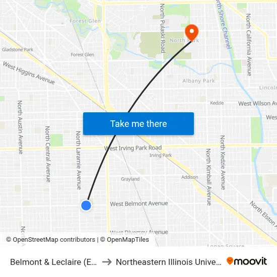 Belmont & Leclaire (East) to Northeastern Illinois University map