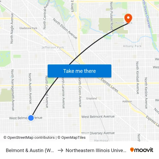 Belmont & Austin (West) to Northeastern Illinois University map