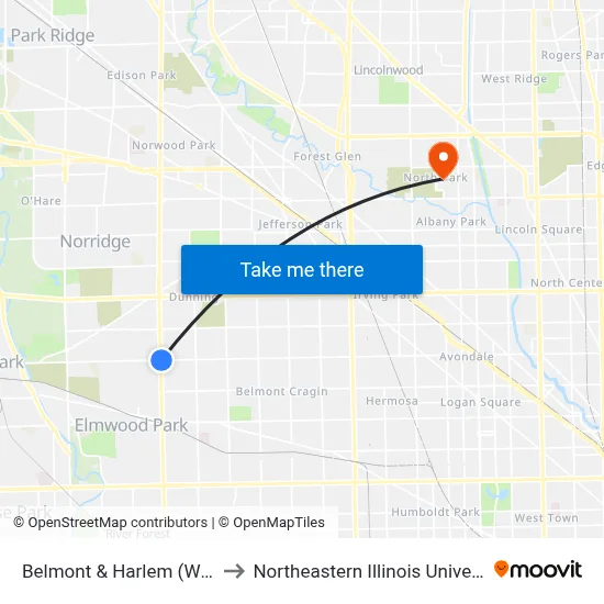 Belmont & Harlem (West) to Northeastern Illinois University map