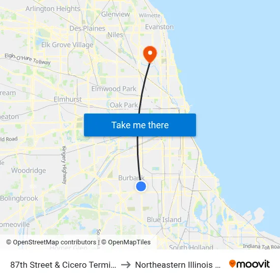 87th Street & Cicero Terminal (West) to Northeastern Illinois University map