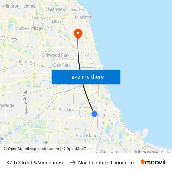 87th Street & Vincennes (West) to Northeastern Illinois University map