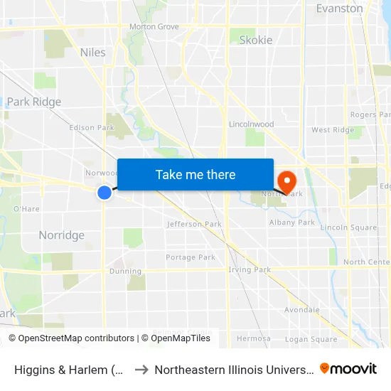 Higgins & Harlem (Se) to Northeastern Illinois University map