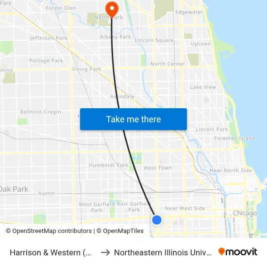 Harrison & Western (West) to Northeastern Illinois University map